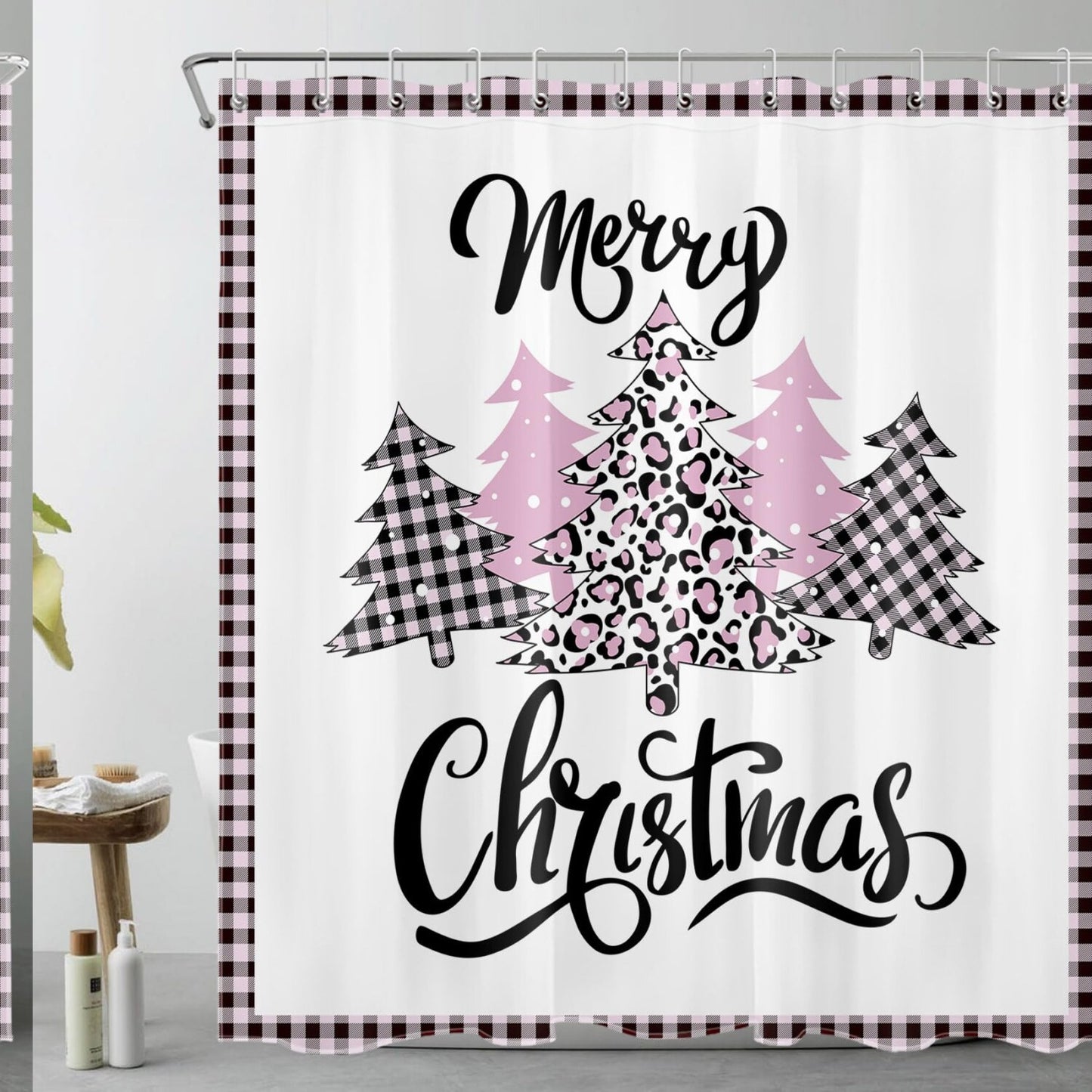 Pink Black Plaid Cow Print Shower Curtain 72x72 Inches