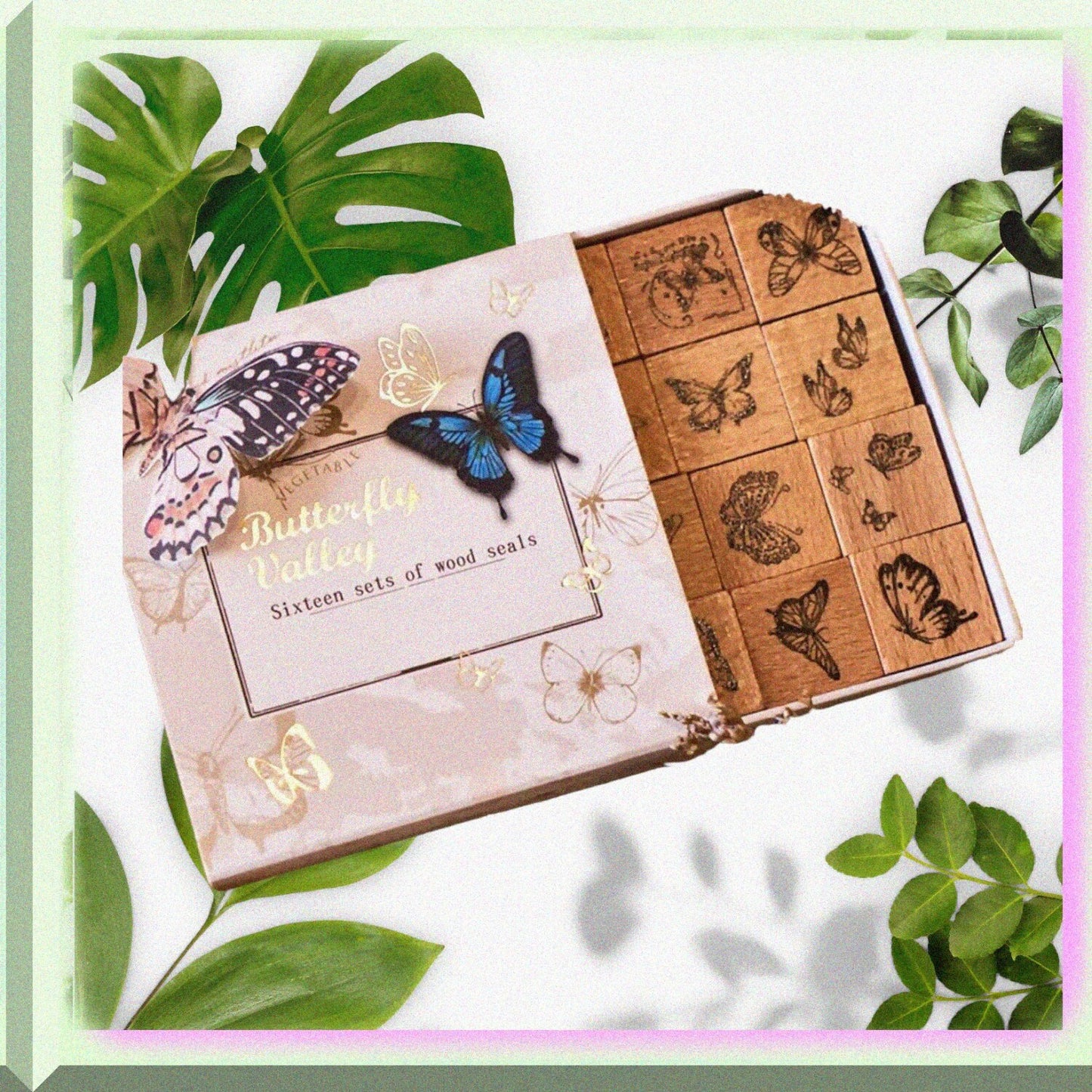 16 Pcs Wooden Rubber Stamp Set Vintage Butterfly
