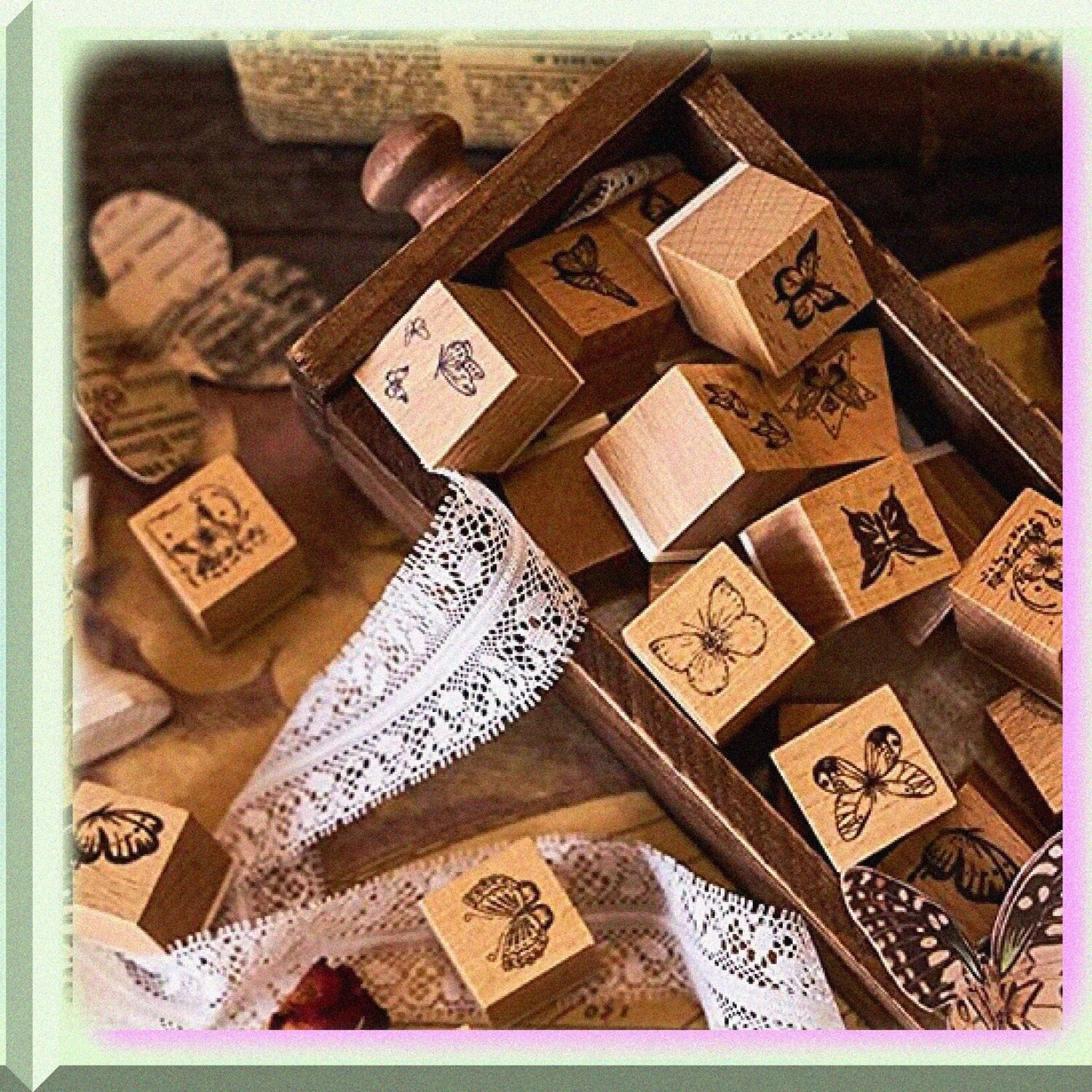 16 Pcs Wooden Rubber Stamp Set Vintage Butterfly
