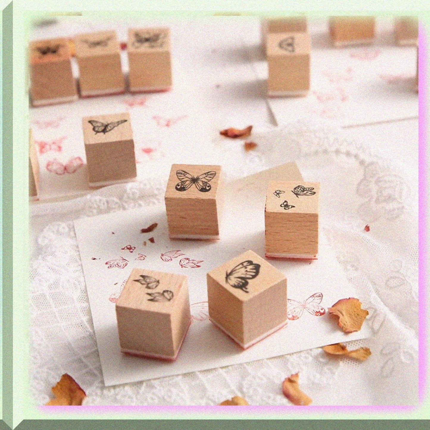 16 Pcs Wooden Rubber Stamp Set Vintage Butterfly