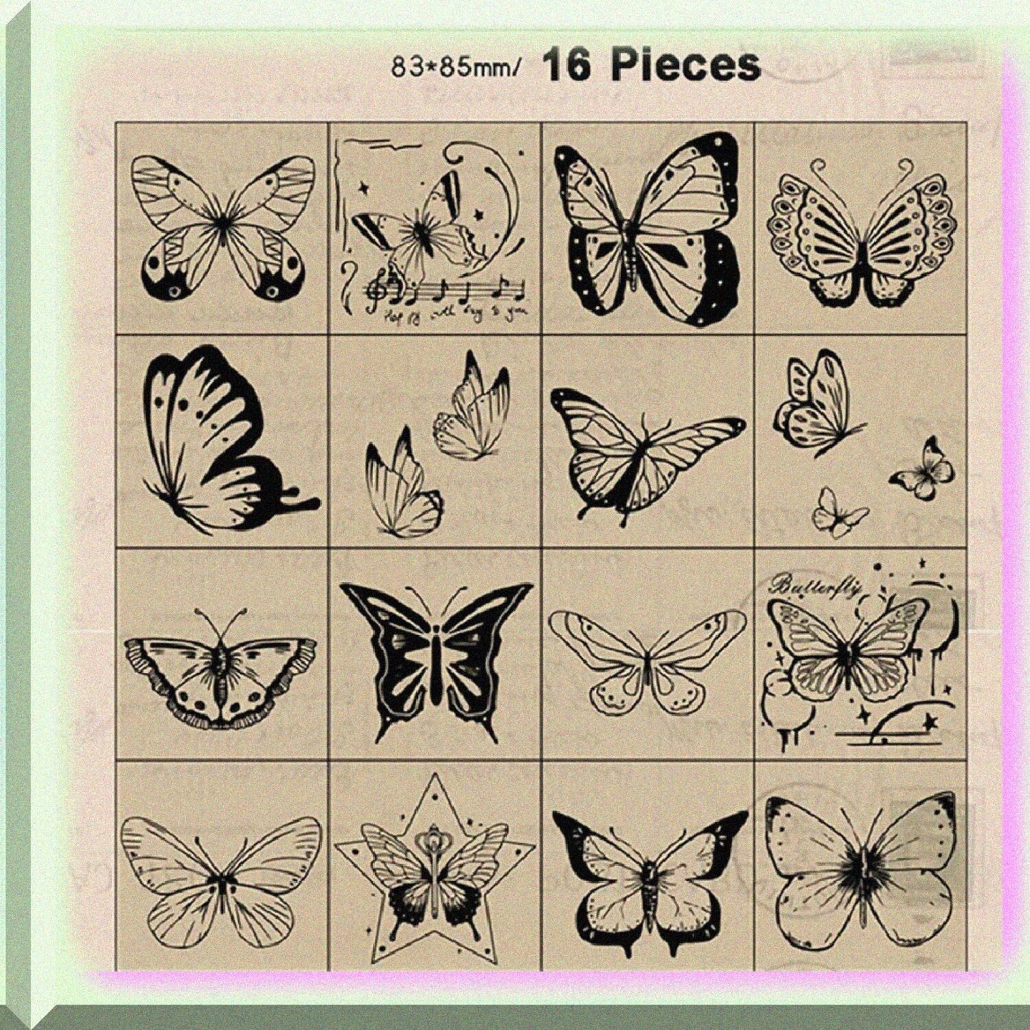 16 Pcs Wooden Rubber Stamp Set Vintage Butterfly