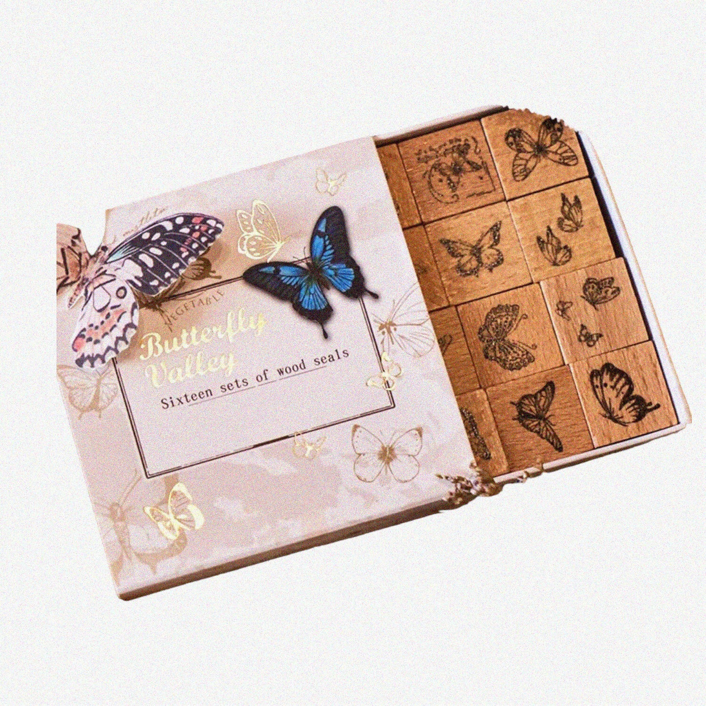 16 Pcs Wooden Rubber Stamp Set Vintage Butterfly