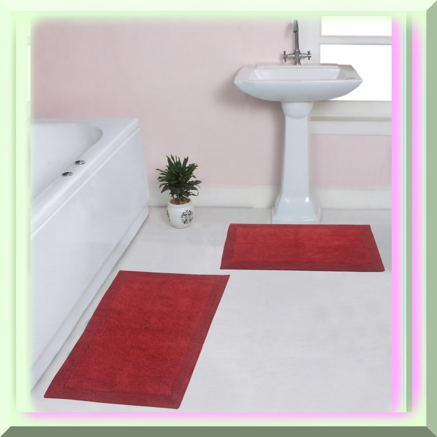Reversible Cotton Bathroom Rugs Set 2 Pieces Red