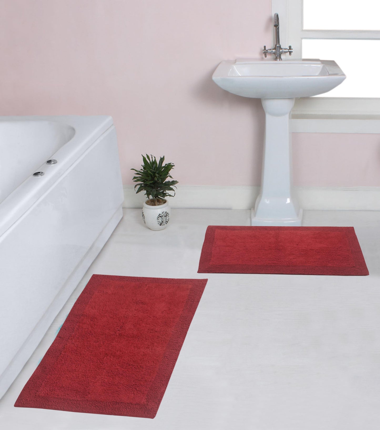 Reversible Cotton Bathroom Rugs Set 2 Pieces Red