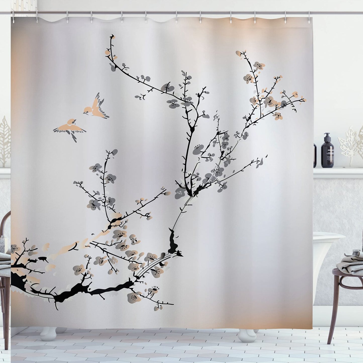Nature Shower Curtain 69x70 Cherry Blossoms Birds Cloth Bathroom Decor