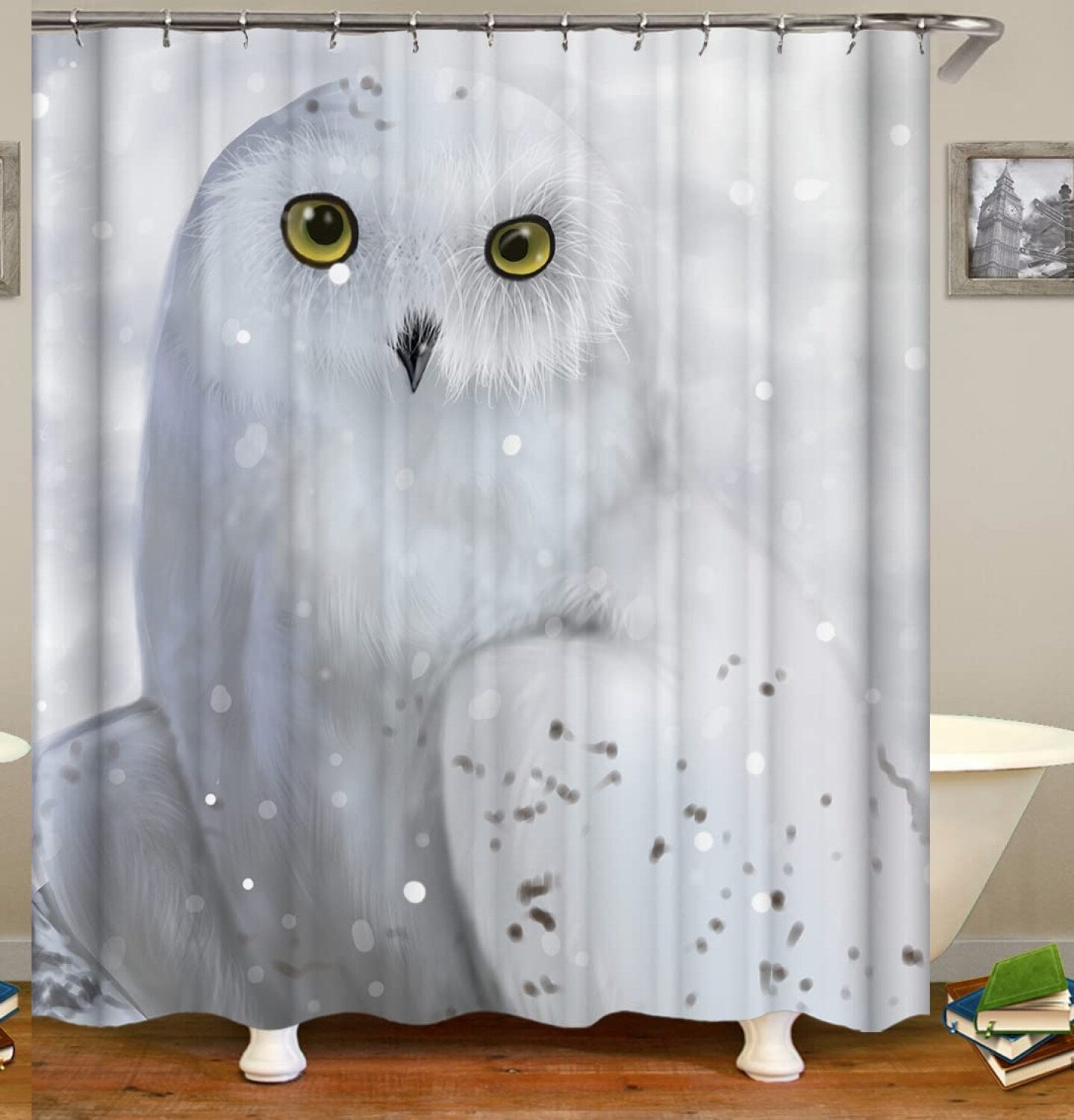 White Snowy Owl Shower Curtain Set 72x72 Inches