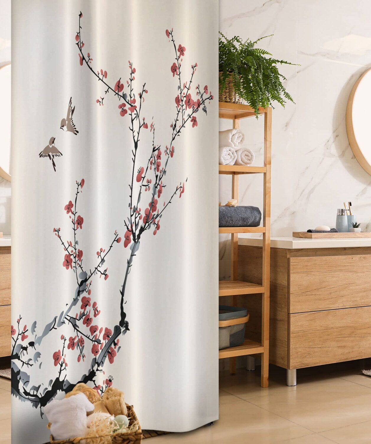 Cherry Branches Flowers Birds Shower Curtain 36x72