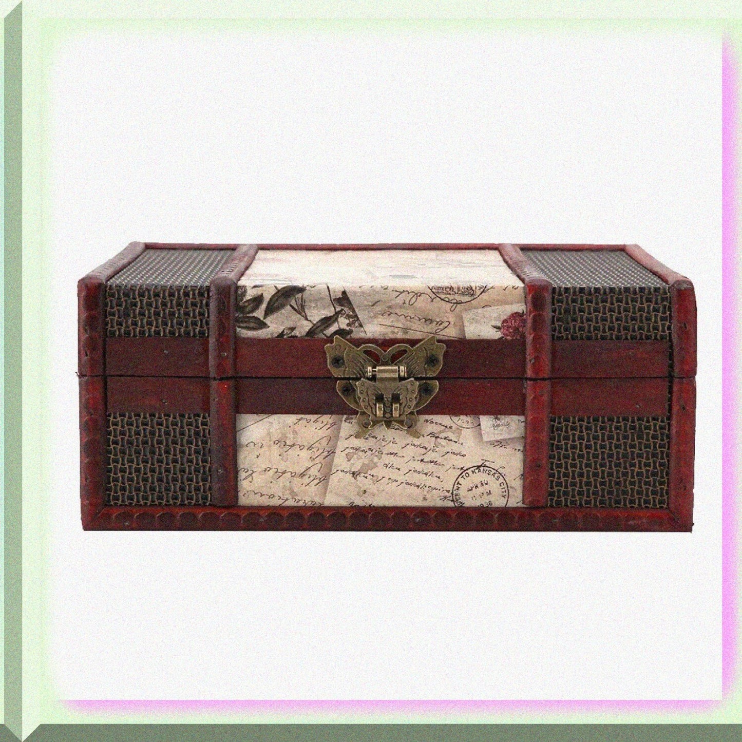 Vintage Wooden Storage Box with Lock and Patterns