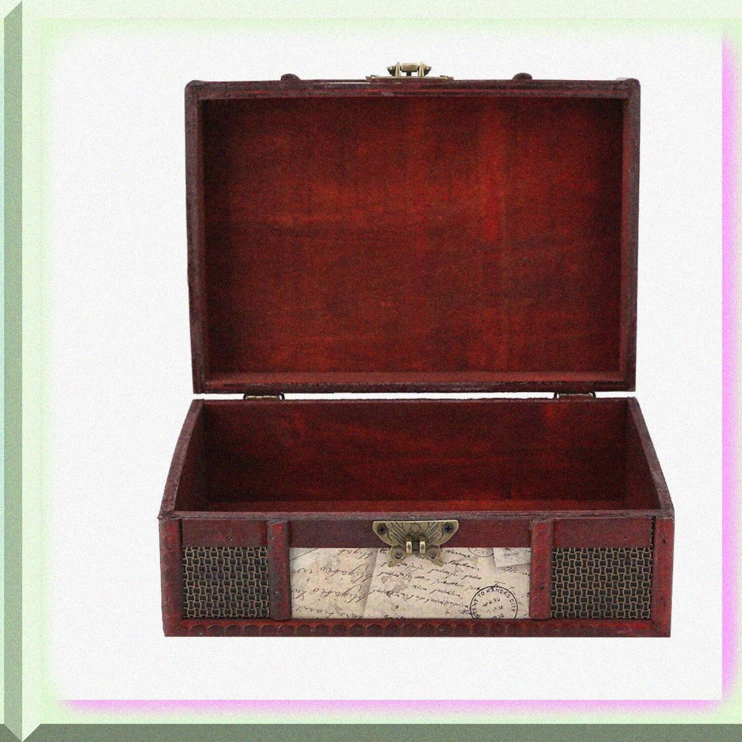 Vintage Wooden Storage Box with Lock and Patterns