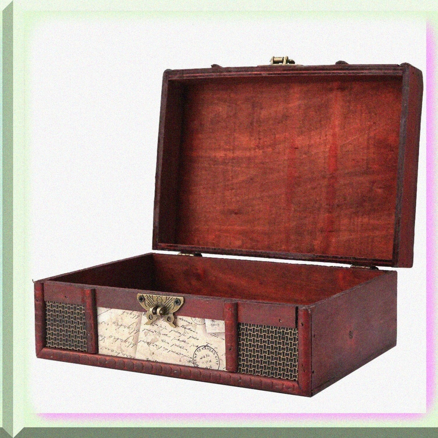 Vintage Wooden Storage Box with Lock and Patterns