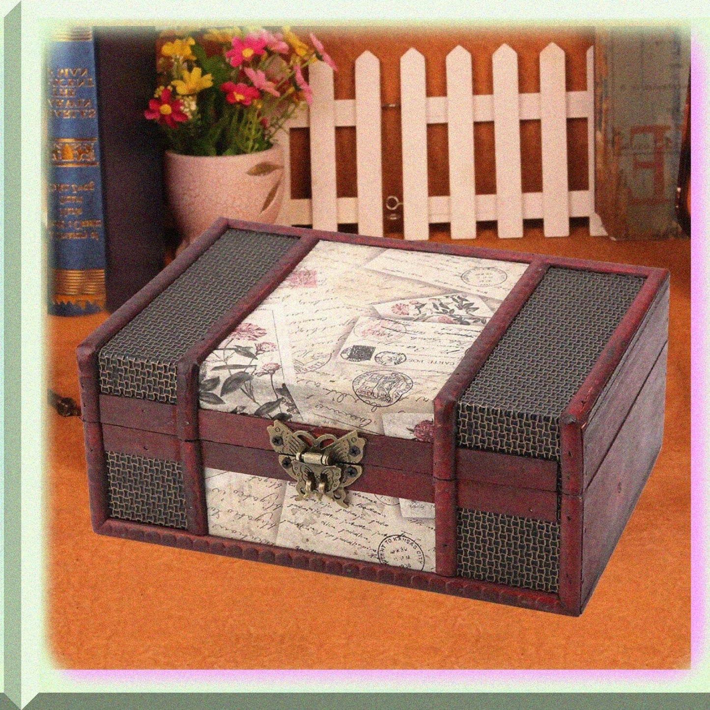 Vintage Wooden Storage Box with Lock and Patterns