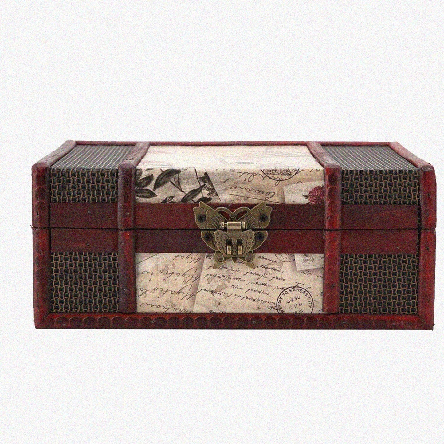 Vintage Wooden Storage Box with Lock and Patterns