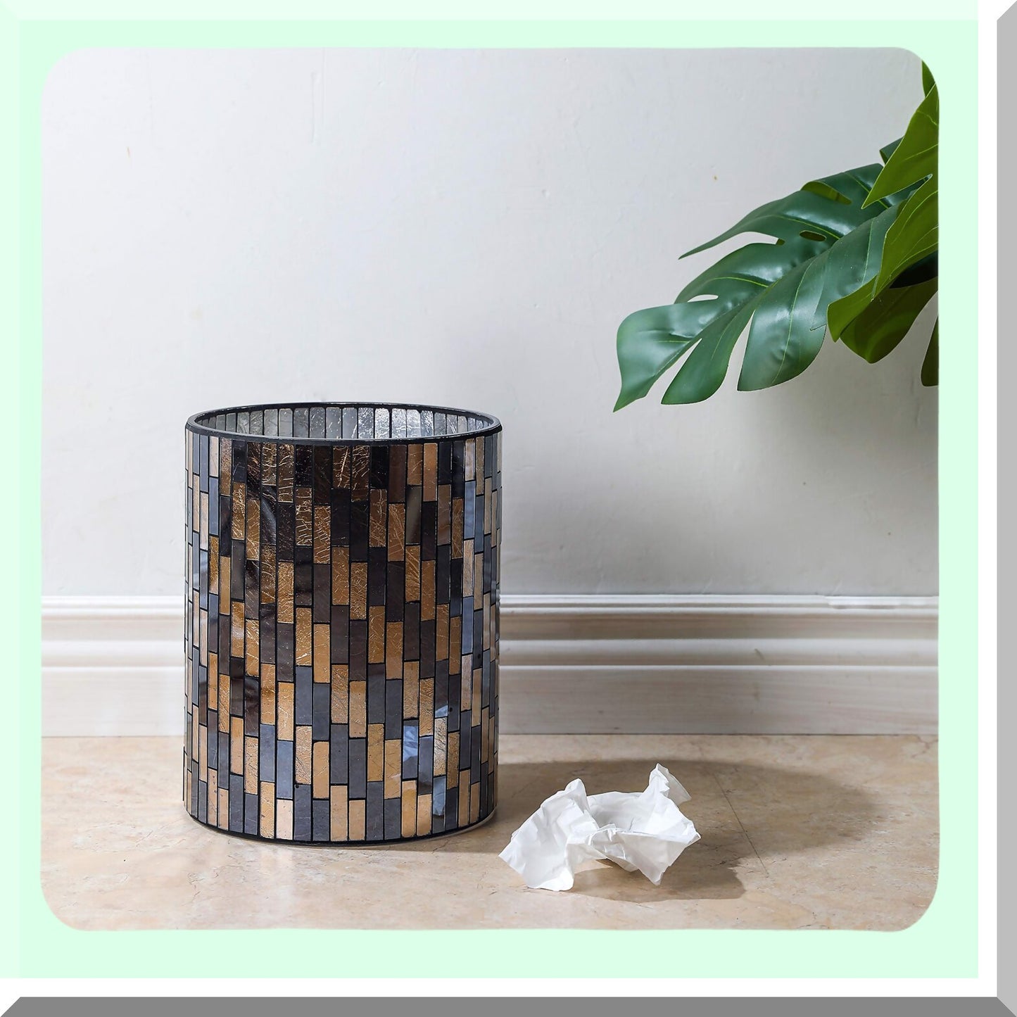 Bathroom Wastebasket Mosaic Gl Black/Gold 7.5" x 10"