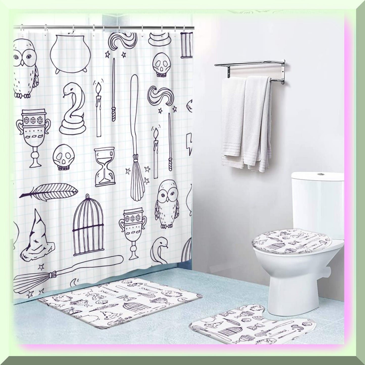 4 Pcs Bathroom Shower Curtain Set with Rugs and Cover