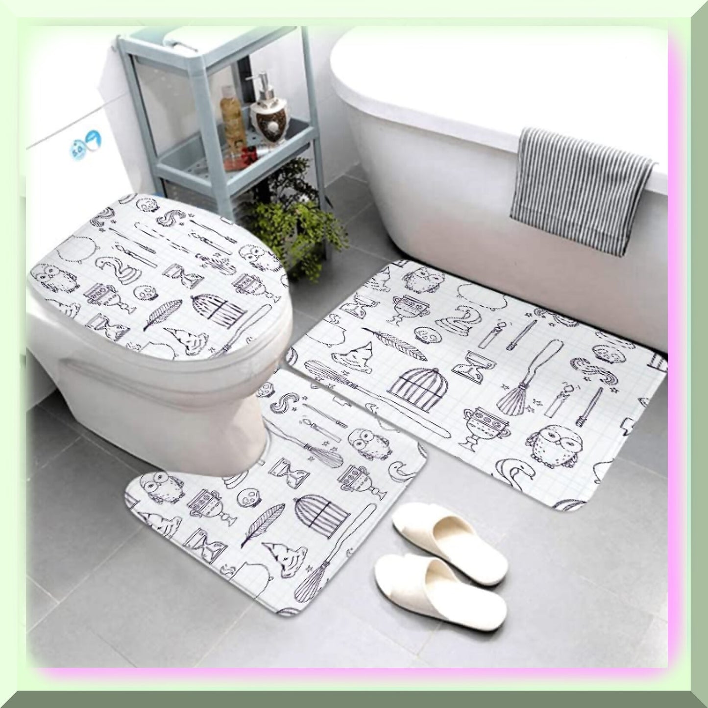 4 Pcs Bathroom Shower Curtain Set with Rugs and Cover