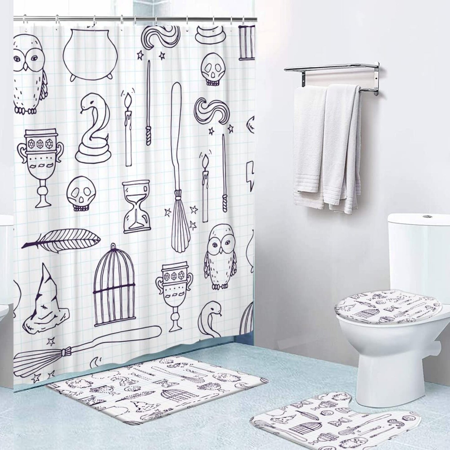 4 Pcs Bathroom Shower Curtain Set with Rugs and Cover