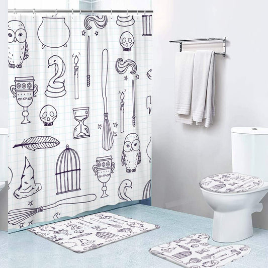 4 Pcs Bathroom Shower Curtain Set with Rugs and Cover