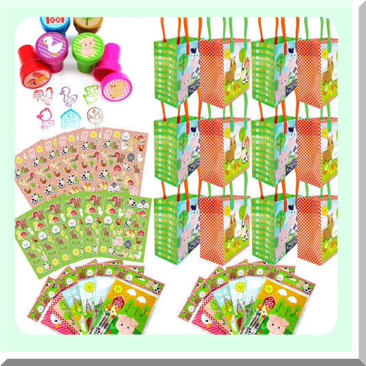 Barnyard Birthday Party Favor Set with Bags, Stamps, Stickers, Coloring Books, and Crayons