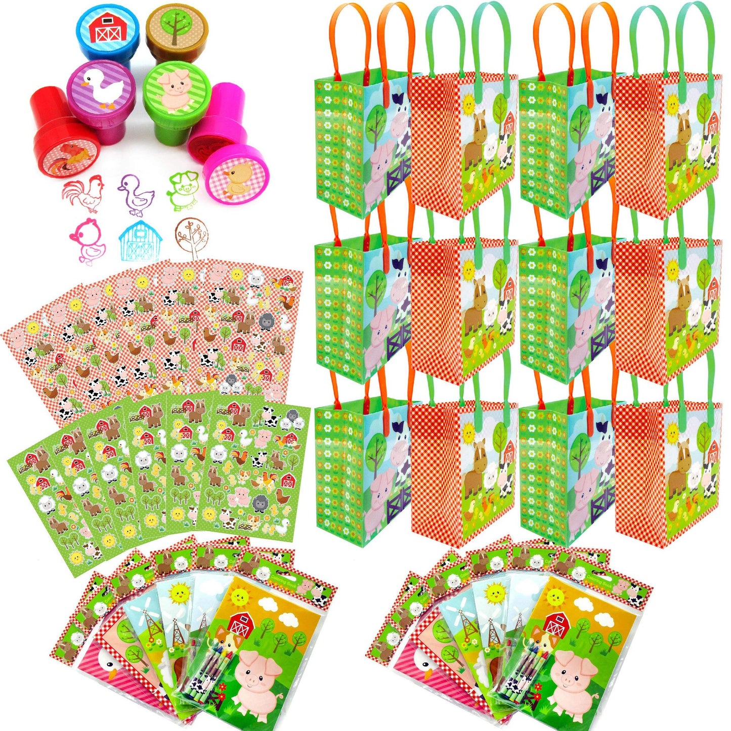 Barnyard Birthday Party Favor Set with Bags, Stamps, Stickers, Coloring Books, and Crayons