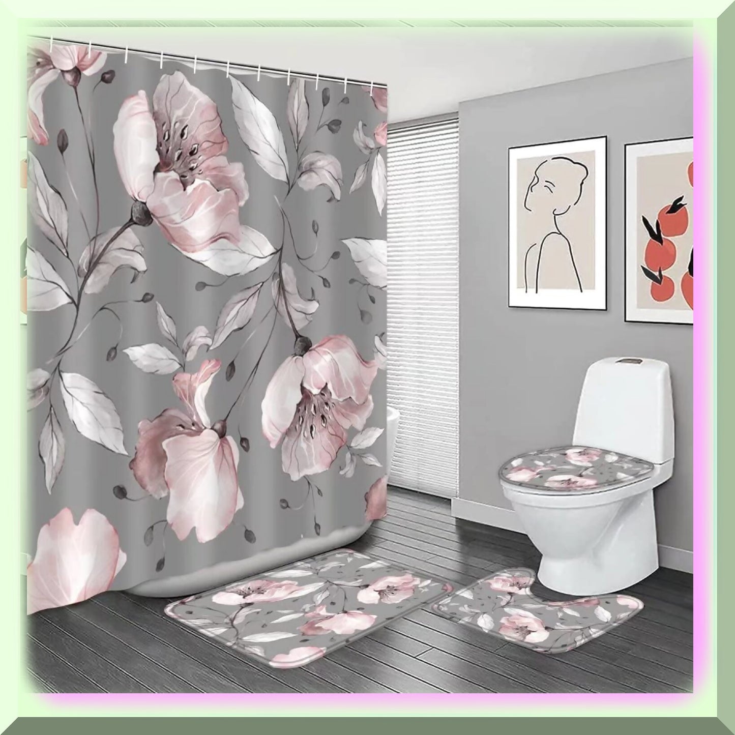 Pink Floral Grey Shower Curtain Set with Rugs and Accessories