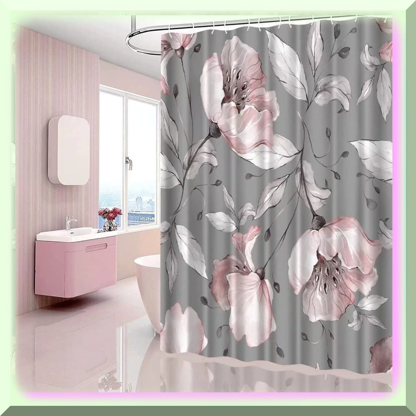 Pink Floral Grey Shower Curtain Set with Rugs and Accessories