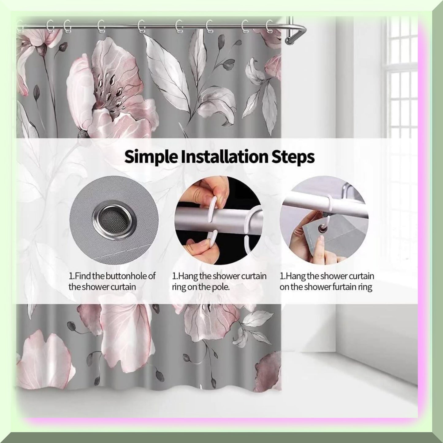 Pink Floral Grey Shower Curtain Set with Rugs and Accessories