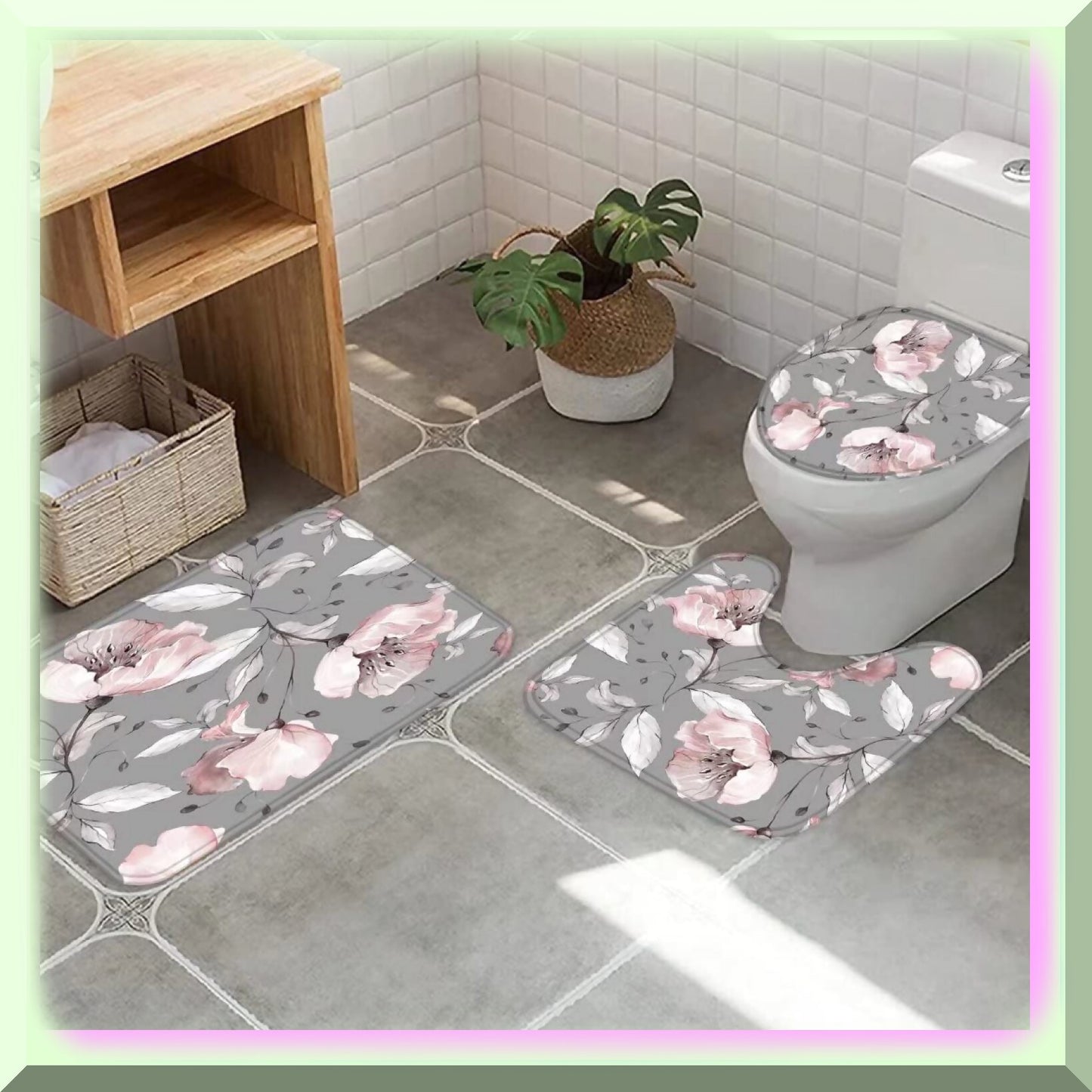 Pink Floral Grey Shower Curtain Set with Rugs and Accessories