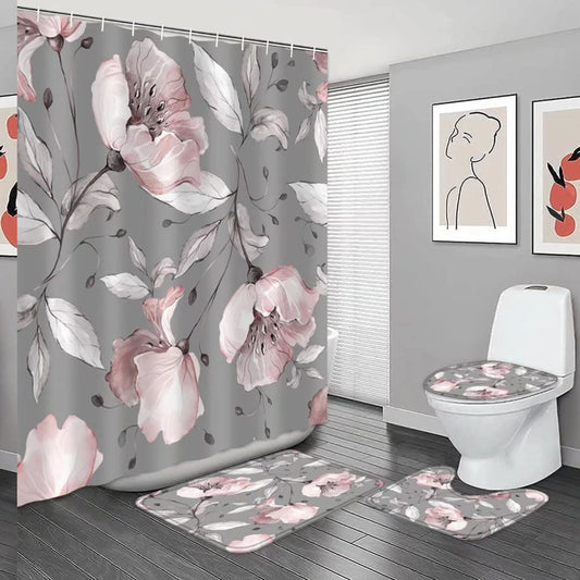 Pink Floral Grey Shower Curtain Set with Rugs and Accessories