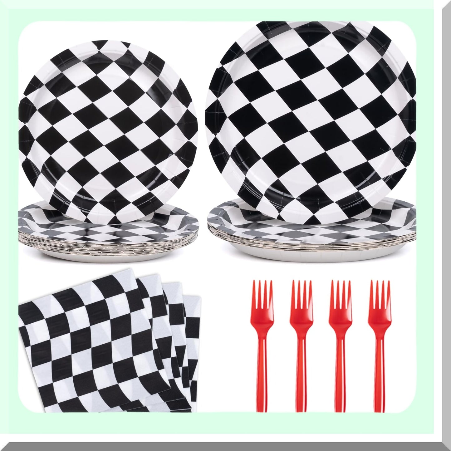 Checkered Plates and Napkins Set for 24 Guests
