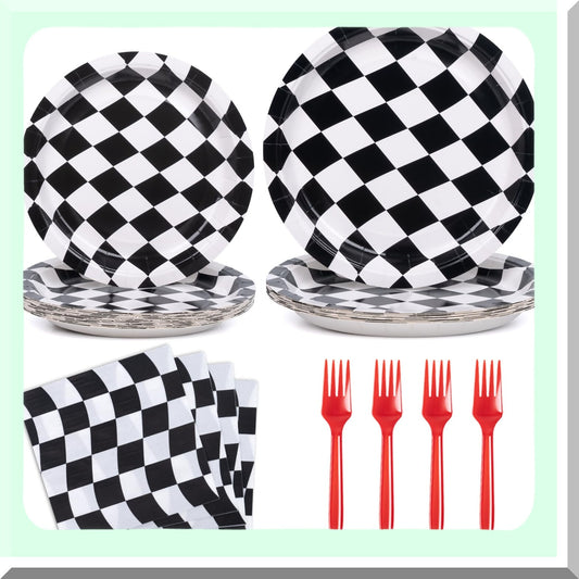 Checkered Plates and Napkins Set for 24 Guests