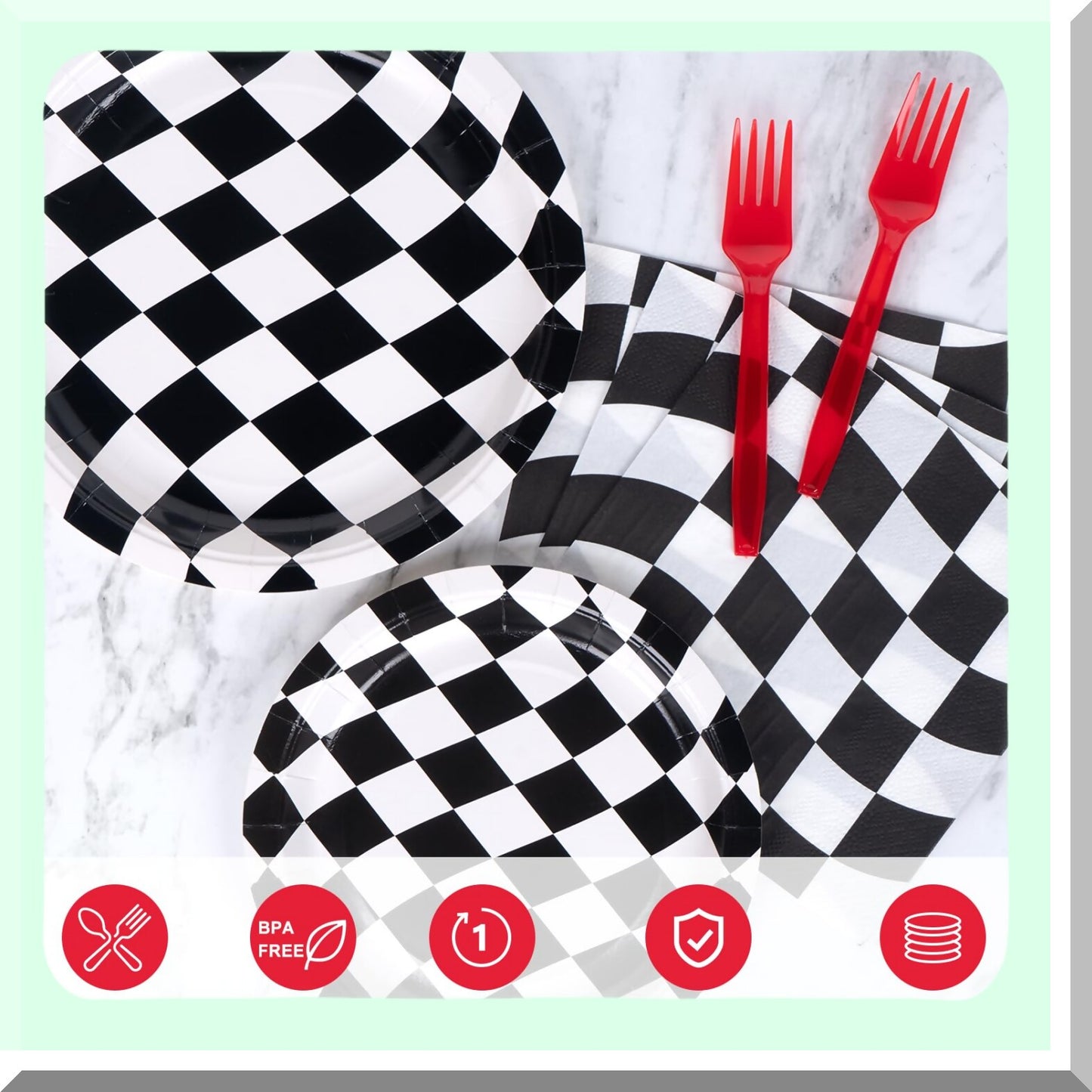 Checkered Plates and Napkins Set for 24 Guests