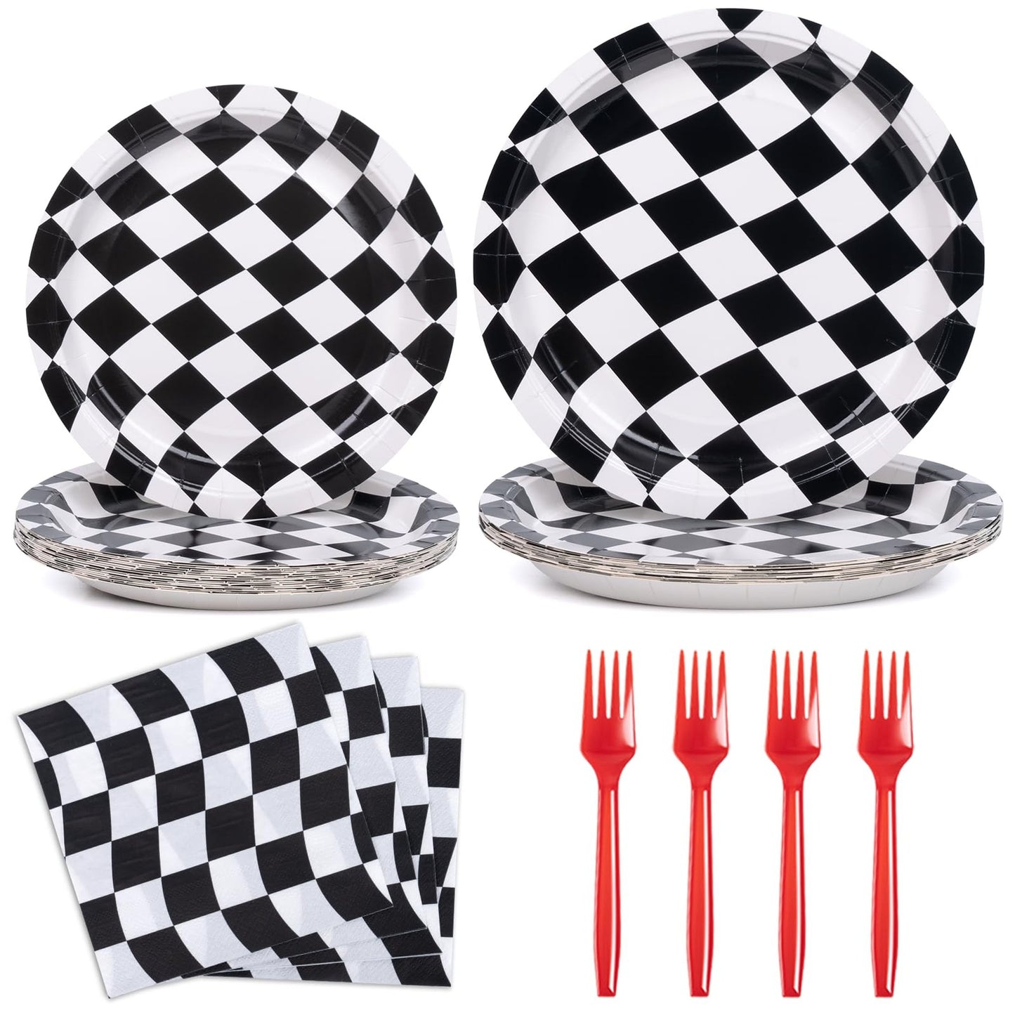 Checkered Plates and Napkins Set for 24 Guests