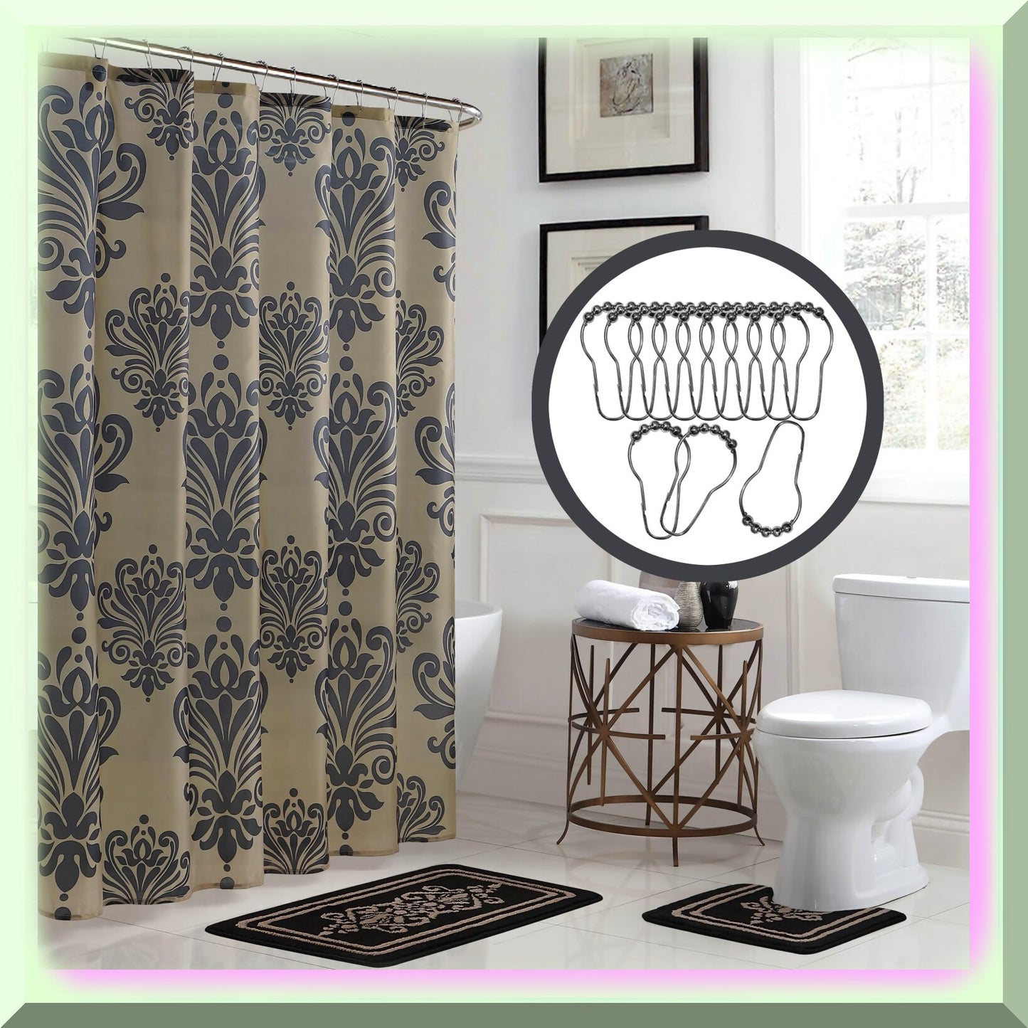 15-Piece Bathroom Shower Curtain Set Black Linen