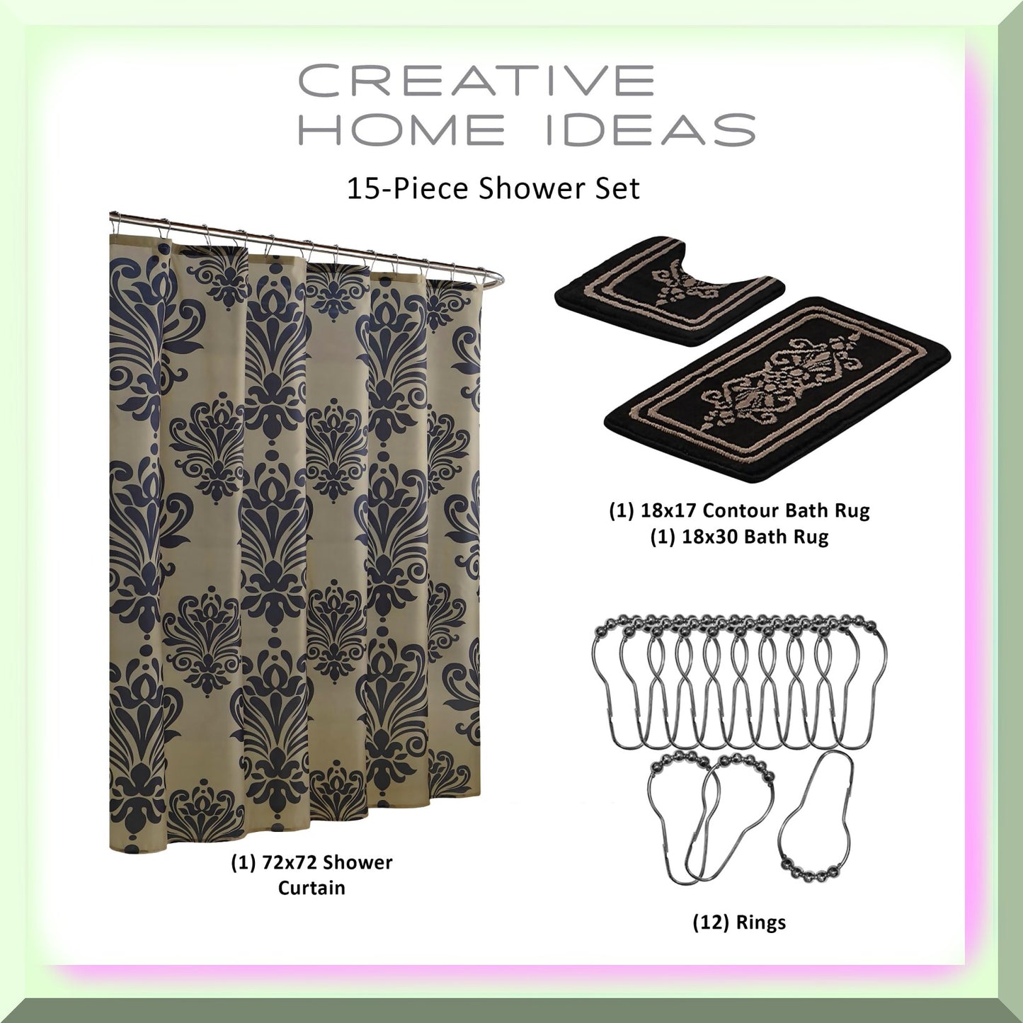 15-Piece Bathroom Shower Curtain Set Black Linen