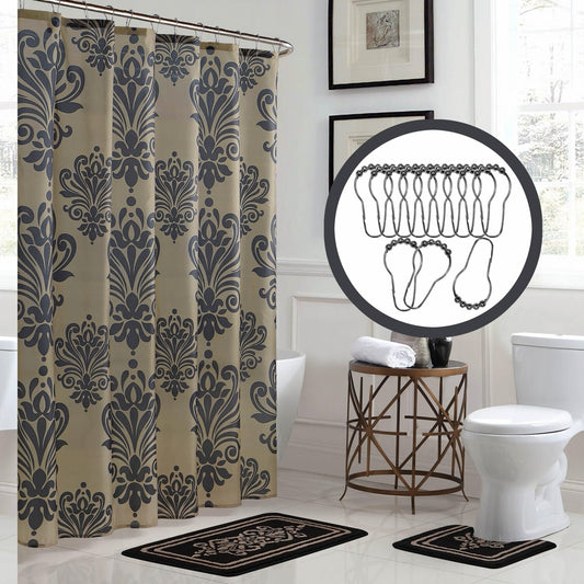 15-Piece Bathroom Shower Curtain Set Black Linen