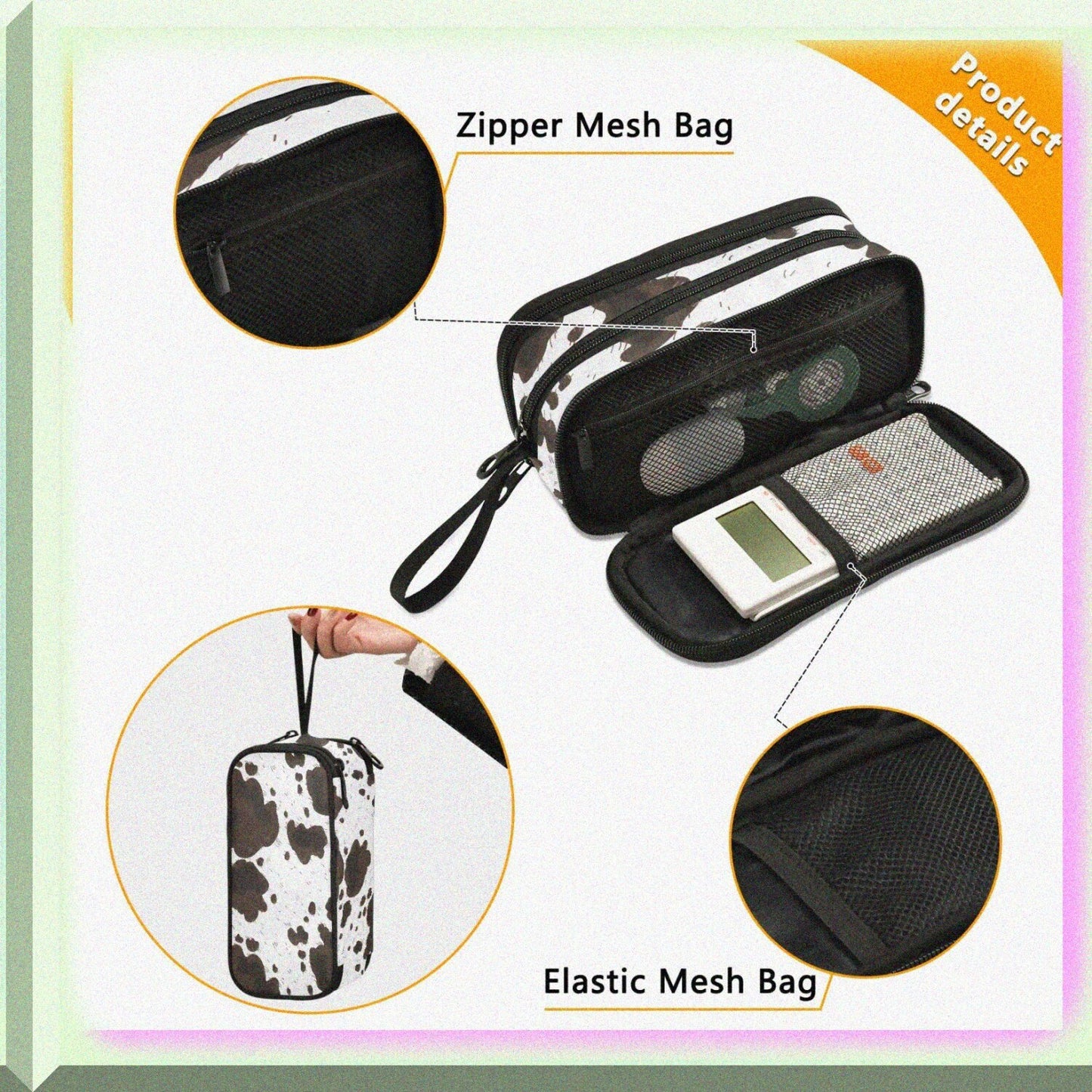 Cow Print Large Capacity Pencil Case with 3 Compartments