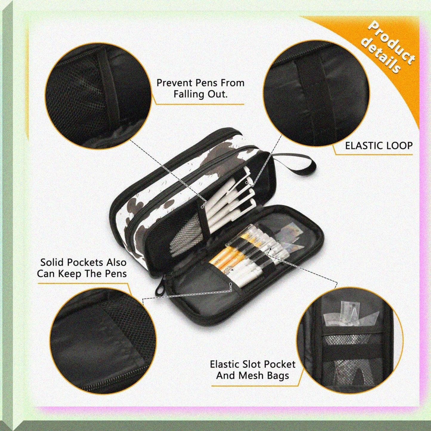 Cow Print Large Capacity Pencil Case with 3 Compartments