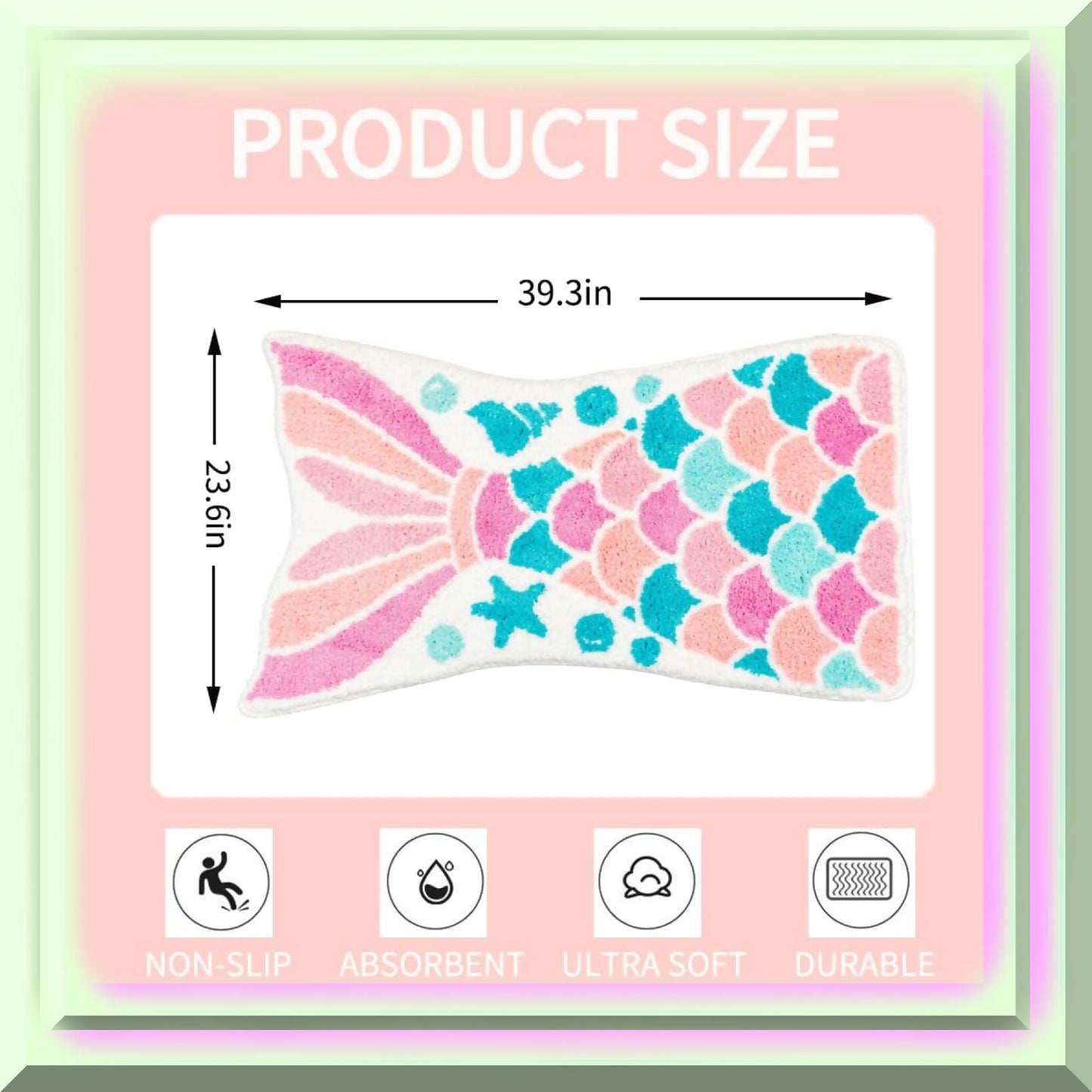 Pink Mermaid Bath Mat 39.4x23.6in Non-Slip Microfiber