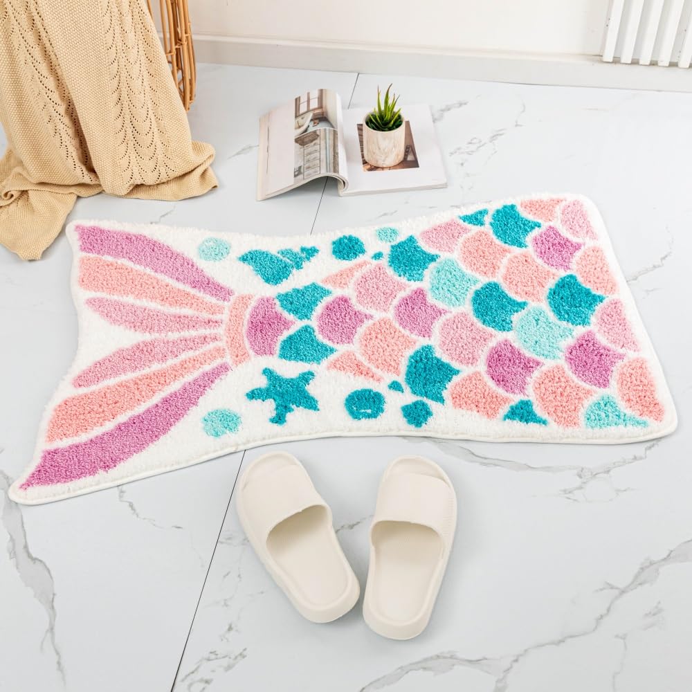 Pink Mermaid Bath Mat 39.4x23.6in Non-Slip Microfiber