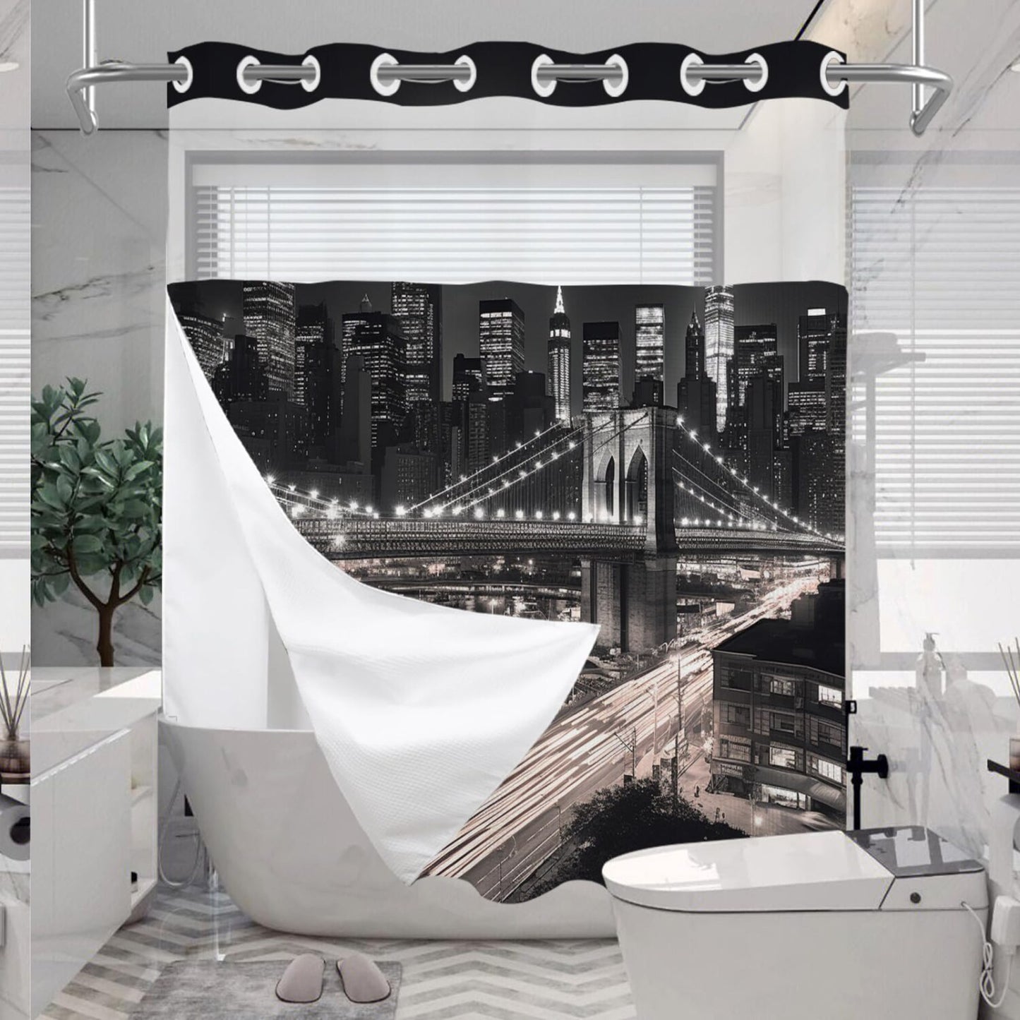 Farbic New York City Waffle Weave Shower Curtain Black Set