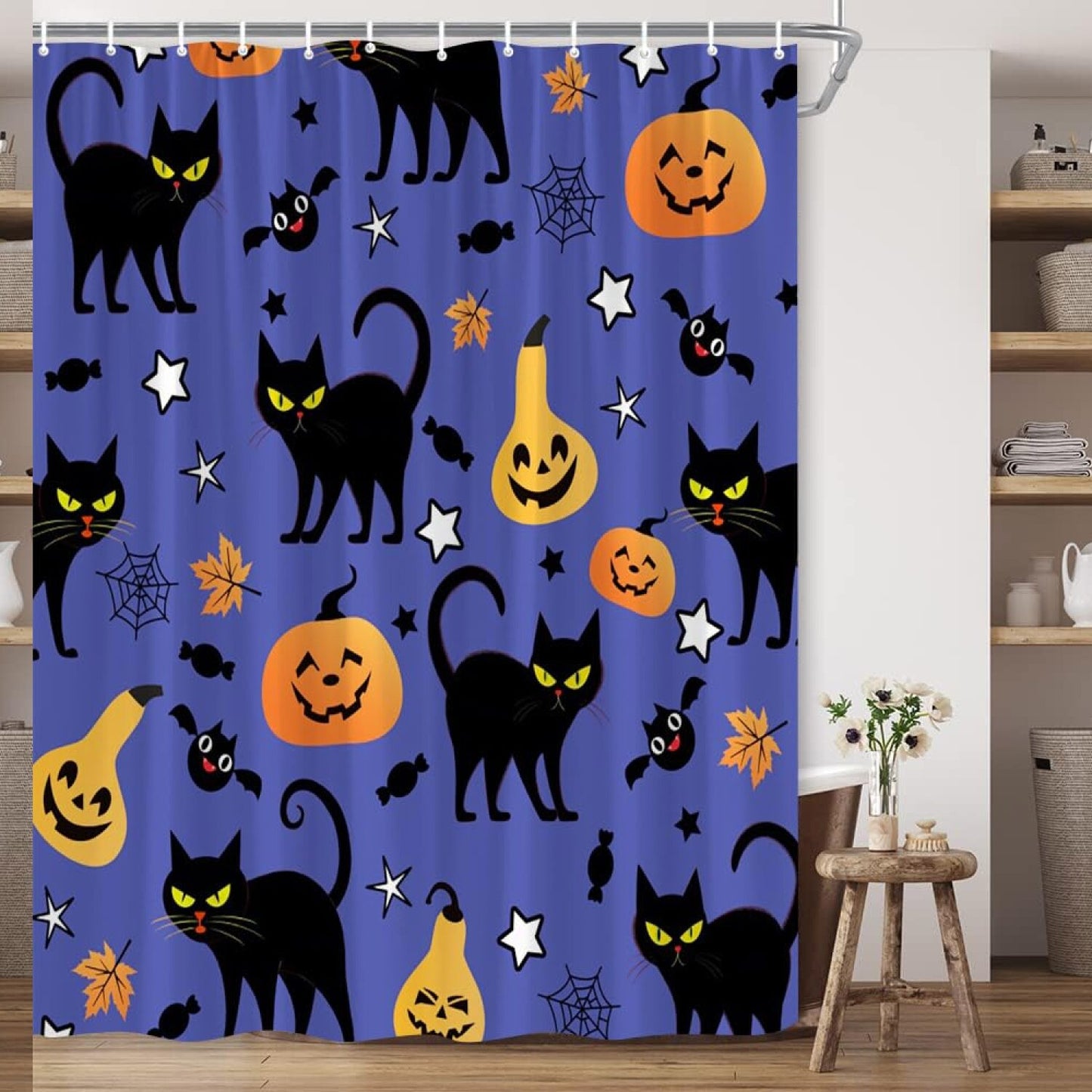 Black Cat Pumpkin Spider Web Bat Cartoon Shower Curtain
