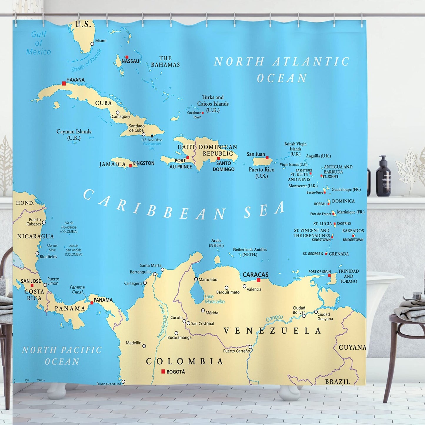 Wanderlust Shower Curtain Caribbean Map Blue Ivory