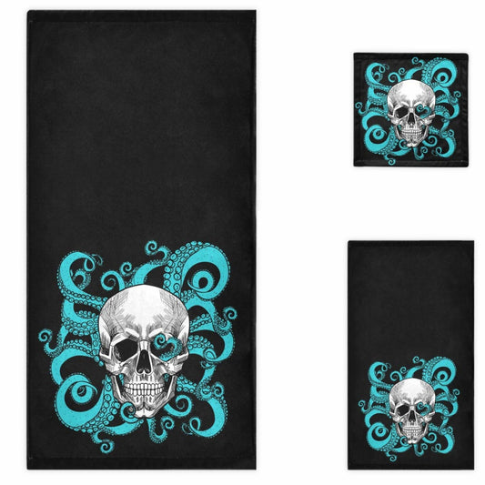 Skull Octopus Towel Set Black 3 Pieces