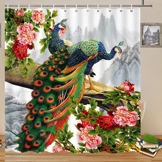 Peacock Shower Curtain 70x70 Inch Watercolor Bird Pattern