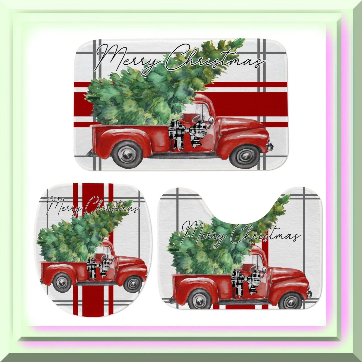 3 Piece Red Stripe Bath Mat Set with Xmas Pattern