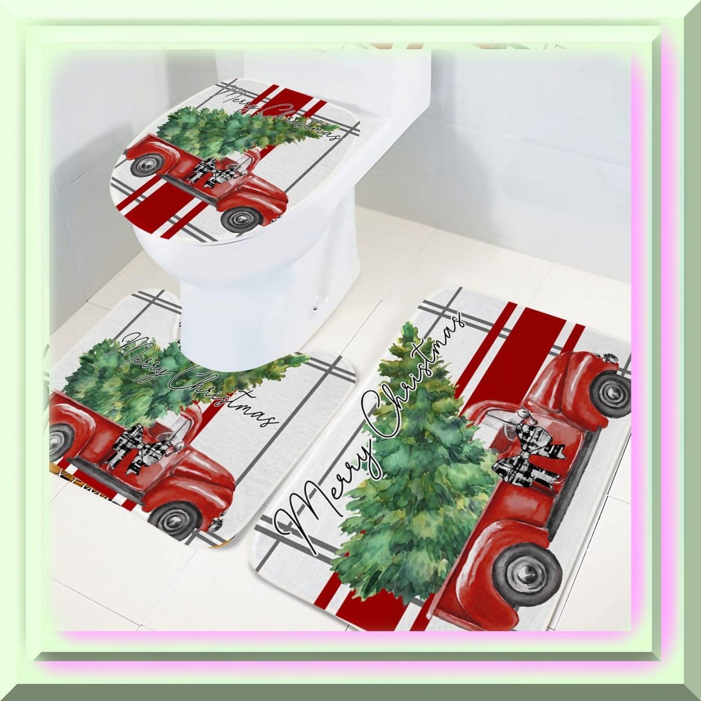 3 Piece Red Stripe Bath Mat Set with Xmas Pattern