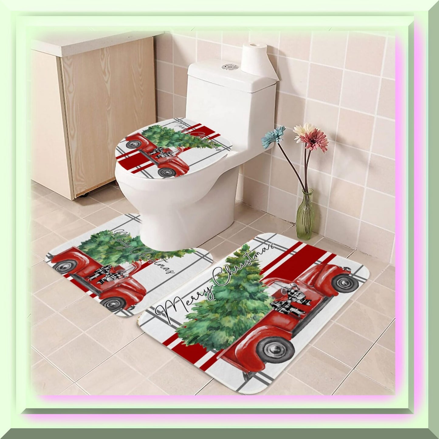 3 Piece Red Stripe Bath Mat Set with Xmas Pattern