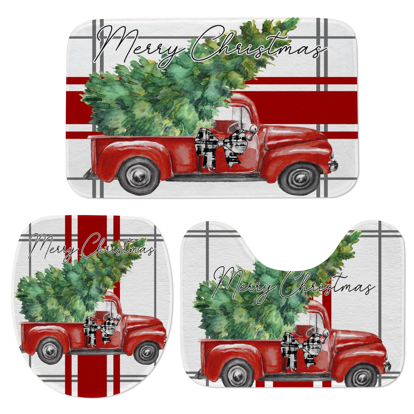 3 Piece Red Stripe Bath Mat Set with Xmas Pattern