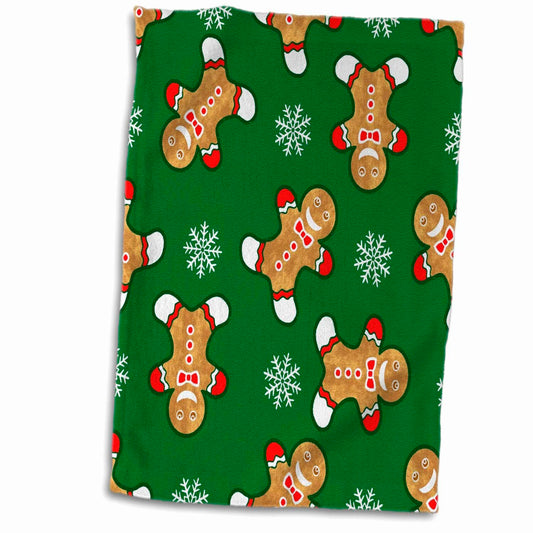 3D Rose Cheerful Gingerbread Men and Snowflakes Hand Towel 15" x 22"