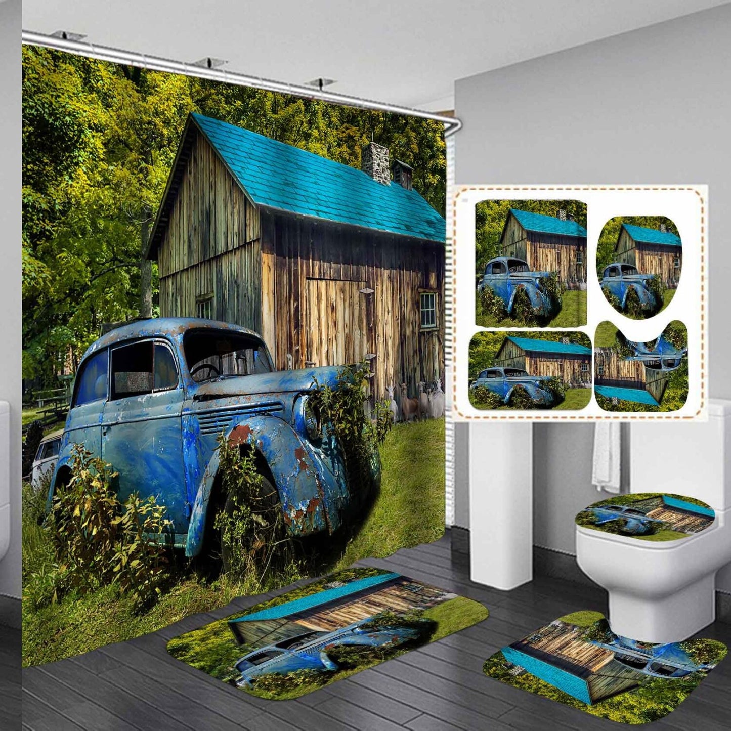 4PCS Farmhouse Shower Curtain Set with Bath Mats